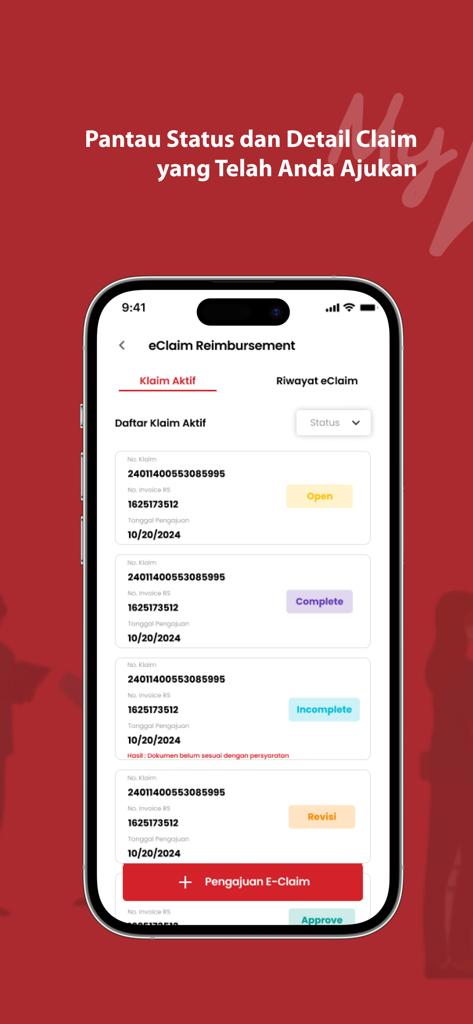 MyAdMedik 앱 인터페이스, 활성 건강 보험 상환 청구 목록 및 상태 표시