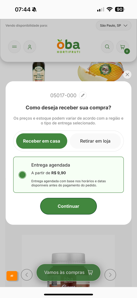 Oba Hortifruti - Oba Hortifruti app delivery method selection screen
