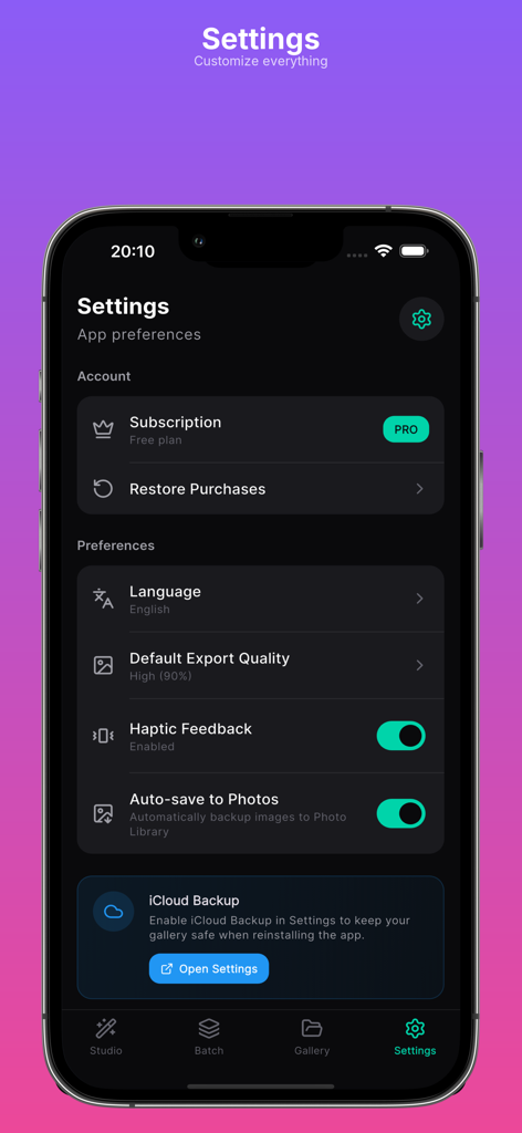 Backdrop AI - Menú de configuración de la aplicación Backdrop AI que muestra la suscripción de la cuenta y las preferencias de la aplicación en un iPhone