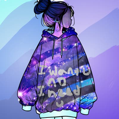 realistic girl with a oversized sweatshirt on and a bun