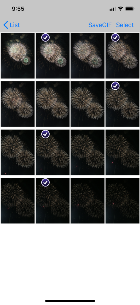 FireWorksBld - Interface showing a grid of firework photos with several frames selected for editing in the FireWorksBld app