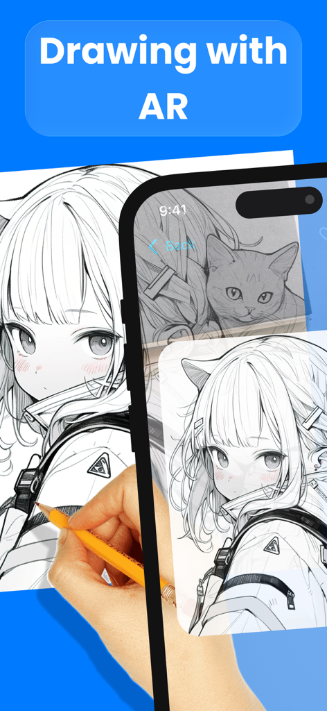 Smartphone showing an augmented reality projection of an anime girl being traced with a pencil on paper.