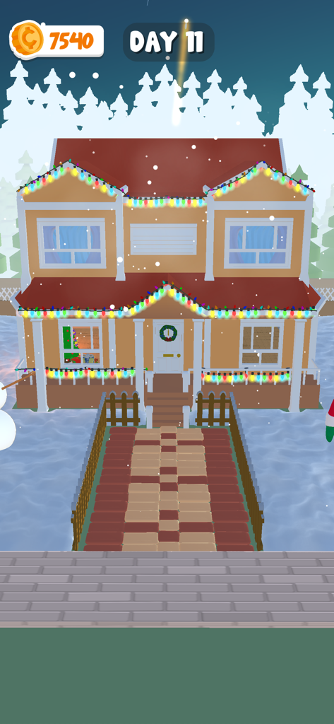 Holiday Home 3D - A suburban home decorated with colorful Christmas lights and a wreath in a snowy winter setting.