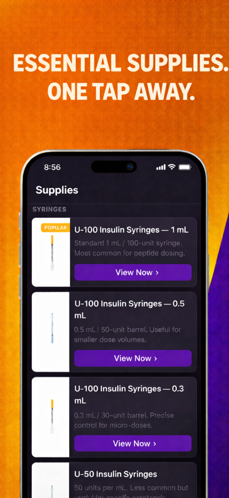 A mobile app screen titled Supplies showing a list of different insulin syringes for peptide dosing with links to buy.