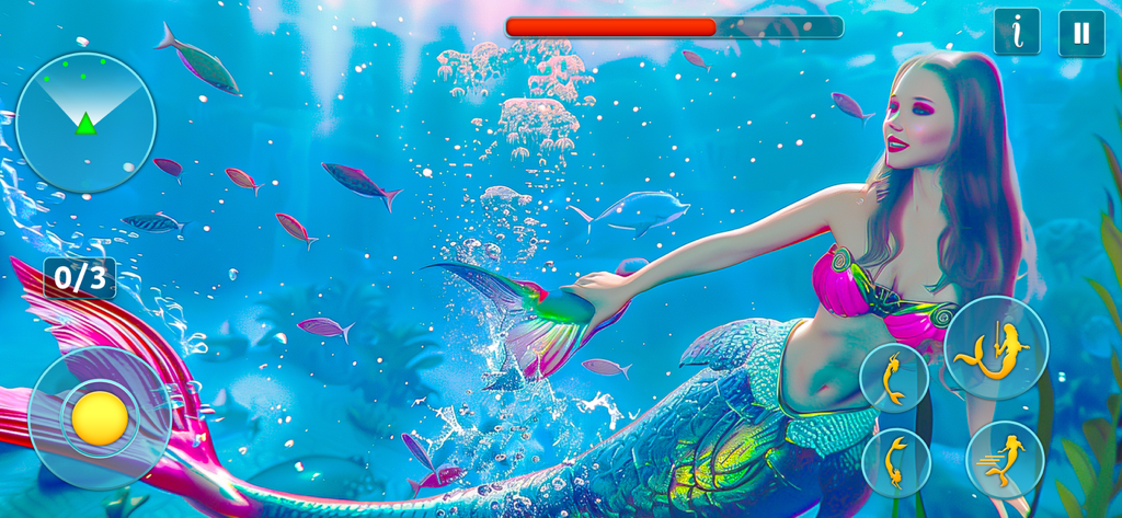 Princess Mermaid Simulator 3D - Captura de tela da jogabilidade do Simulador de Sereia Princesa 3D mostrando uma sereia nadando em um ambiente oceânico subaquático vibrante