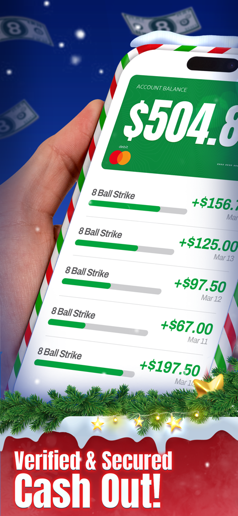 Smartphone screen showing verified cash winnings and account balance in 8 Ball Strike app