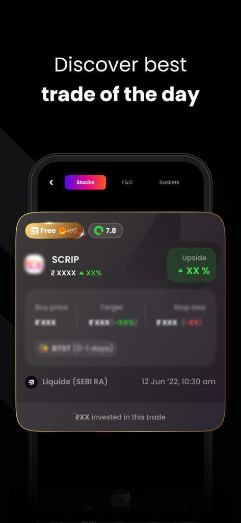 Liquide- Stocks & Mutual Funds - Mobile app interface of Liquide showing a daily stock trade recommendation with potential upside and target price