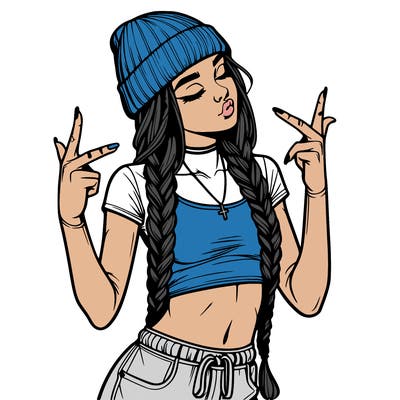 realistic teenage girl with braids and a beanie and crop top doing 🫶🏼