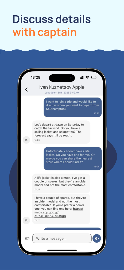 Interface de chat dans l'application montrant un chercheur d'équipage discutant des détails du voyage et de l'équipement avec un capitaine de bateau.