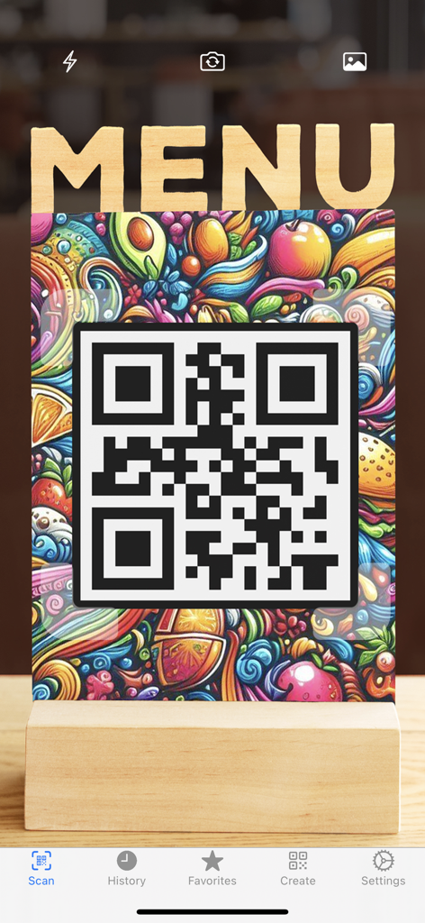 QR code scanner app interface scanning a colorful restaurant menu QR code