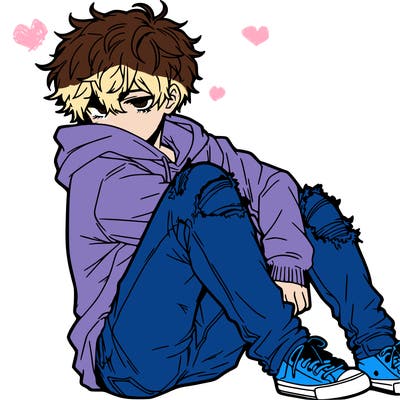 a male hoddie ripped jeans messy hair anime
