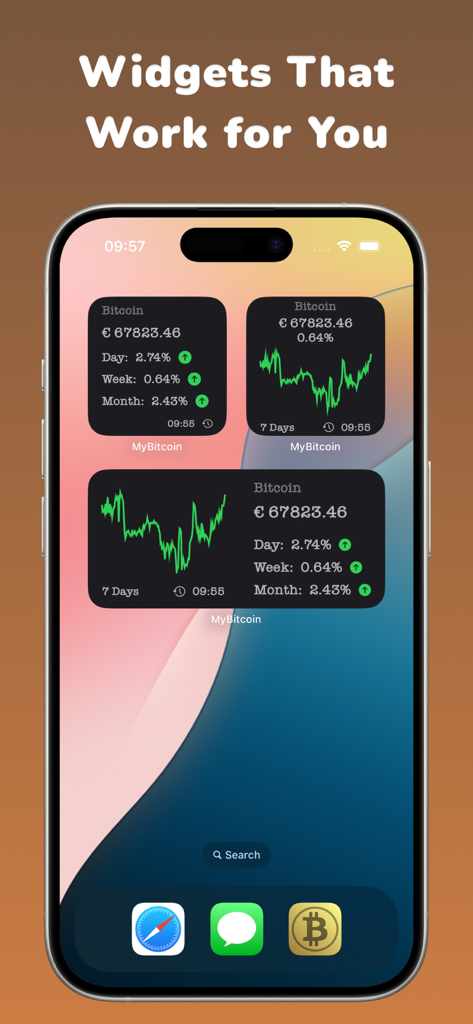 My Crypto - Widget & Chart - iPhone home screen displaying various Bitcoin price widgets with live charts and percentage changes