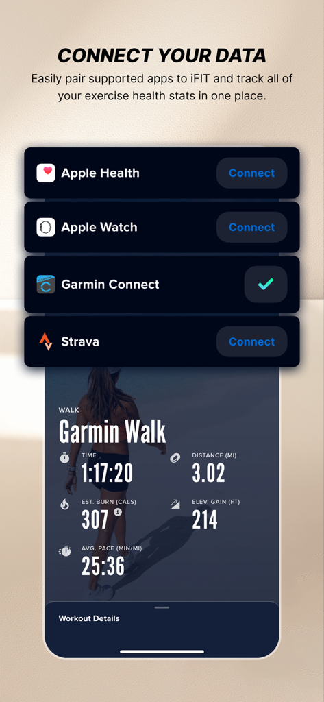 Oberfläche der iFIT App, die Datenverbindungsoptionen für Apple Health, Apple Watch, Garmin Connect und Strava mit Trainingsstatistiken zeigt.