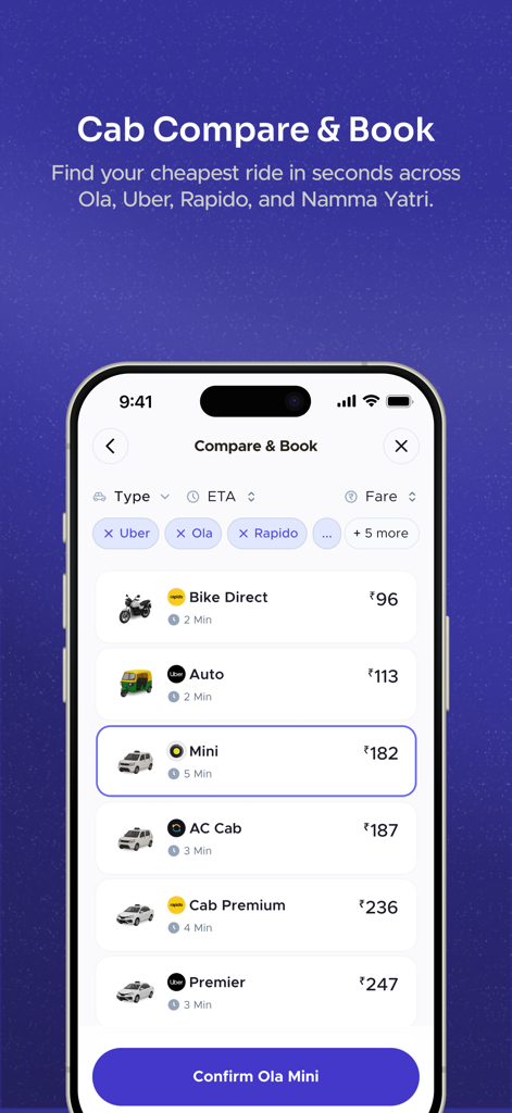 Buyhatke:AI Shopping assistant - Buyhatke-App-Oberfläche, die einen Vergleich von Fahrpreisen und voraussichtlichen Ankunftszeiten zwischen verschiedenen Diensten wie Uber und Ola zeigt