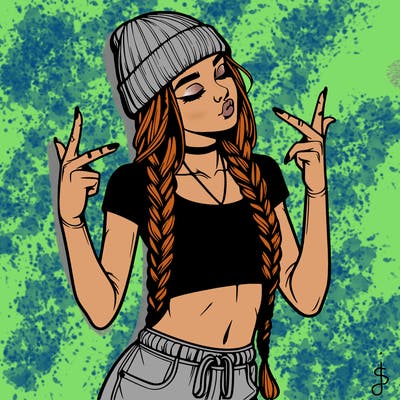 realistic teenage girl with braids and a beanie and crop top doing 🫶🏼