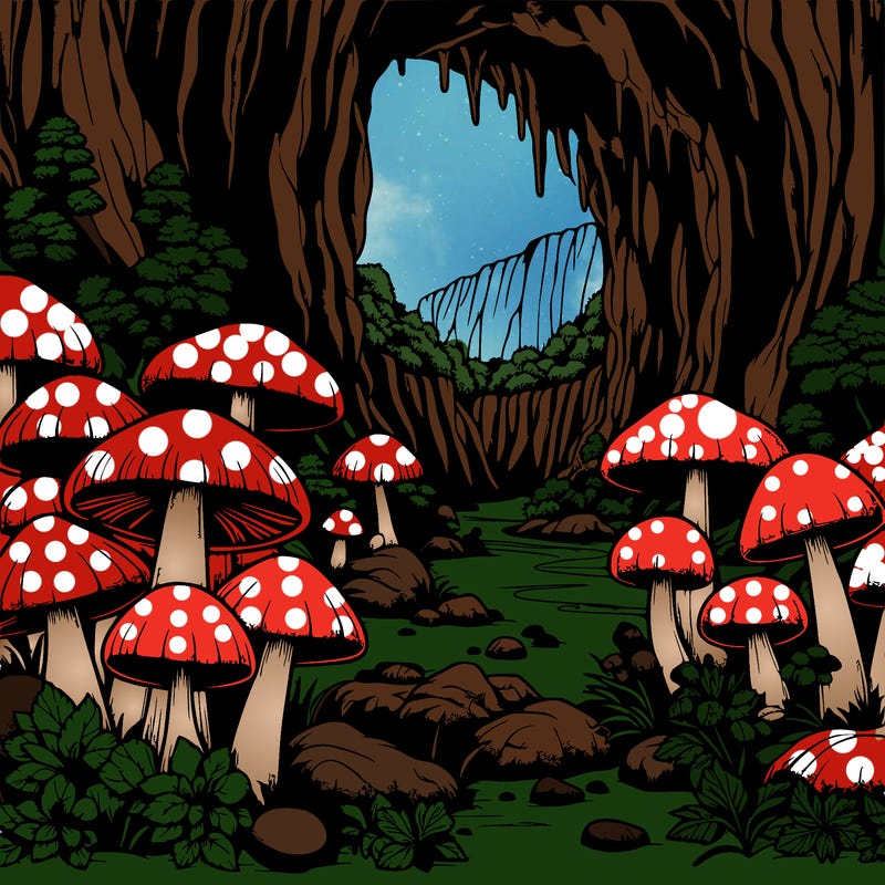 realistic cave full of beautiful mushrooms
