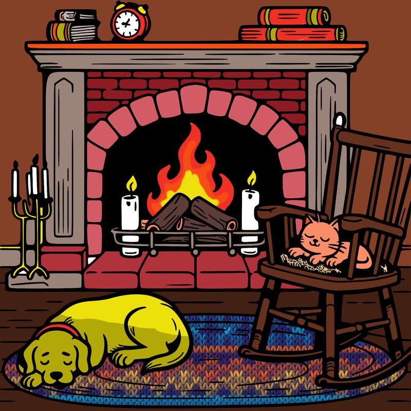 fireplace dog sleeping on floor and rocking chair with cat sleeping on chair