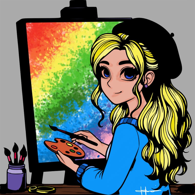 realistic girl artist painting a blank canvas