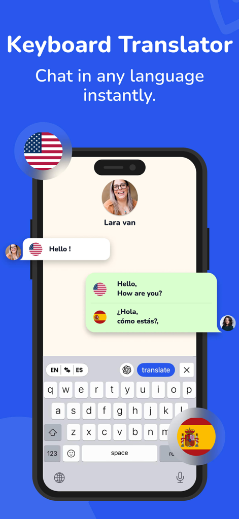 Ein Smartphone zeigt die Translatify-App-Oberfläche mit einer integrierten Tastatur, die Chat-Nachrichten in Echtzeit von Englisch nach Spanisch übersetzt.
