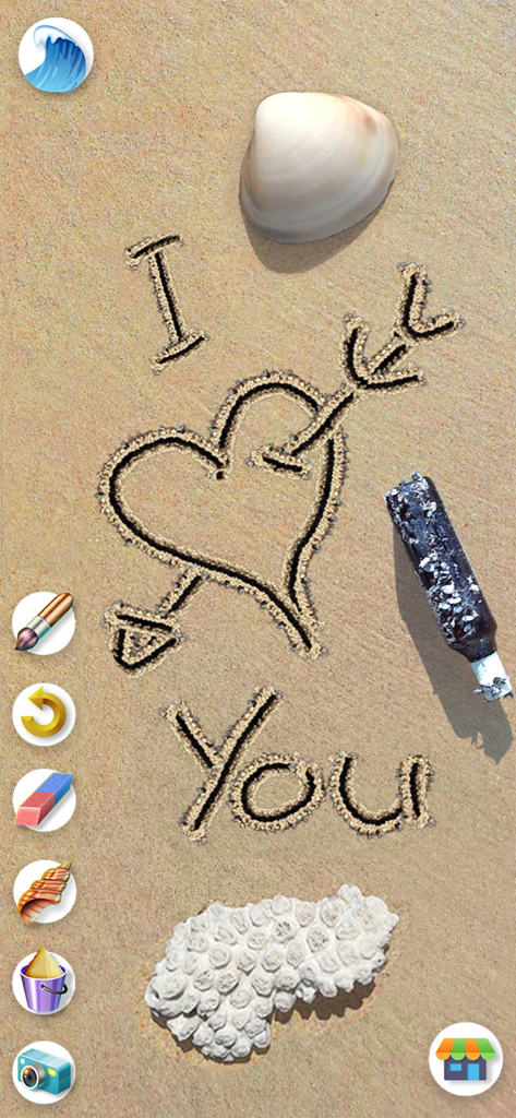 Sand Draw: Beach Wave Art Game - A romantic heart with an arrow and the text I love you drawn in realistic digital sand with beach decorations.
