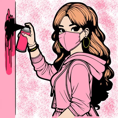 realistic girl with mask spray painting a wall