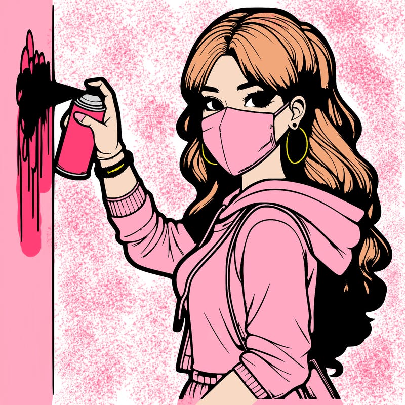 realistic girl with mask spray painting a wall