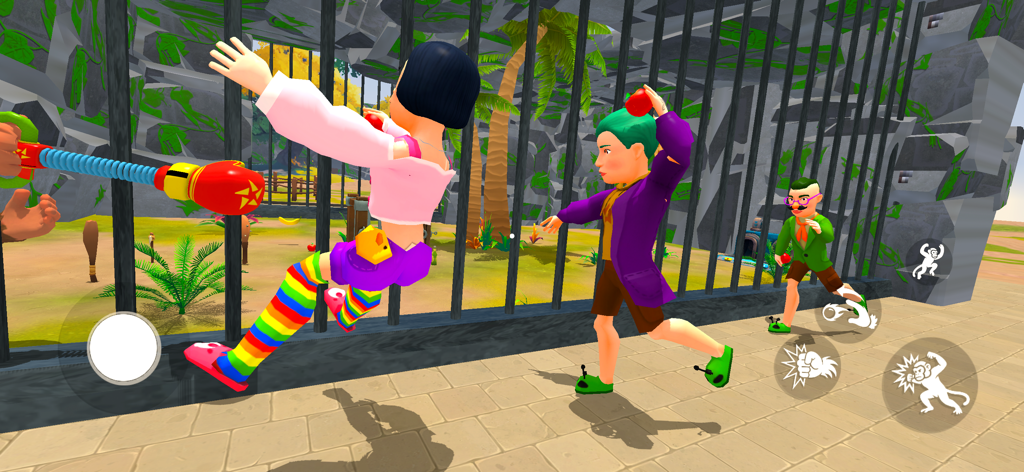 Zoo Monkey Life Simulator - Un singe utilise un gant de boxe à ressort pour frapper les visiteurs du zoo dans Zoo Monkey Life Simulator