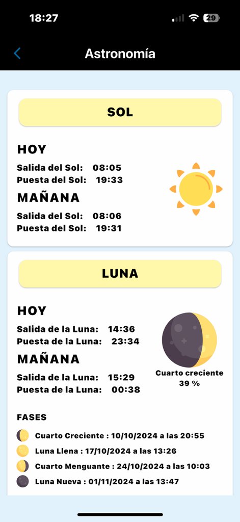 Proyecto Mastral - Pantalla de la aplicación móvil que muestra las horas de salida y puesta del sol, junto con las fases lunares para Torrevieja.