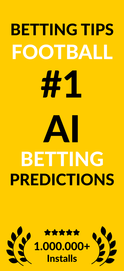 Betting Tips: Bet Predictions - 1백만 개 이상의 설치와 별점 5개 등급을 받은 최고의 AI 축구 베팅 예측 배너, 노란색 배경