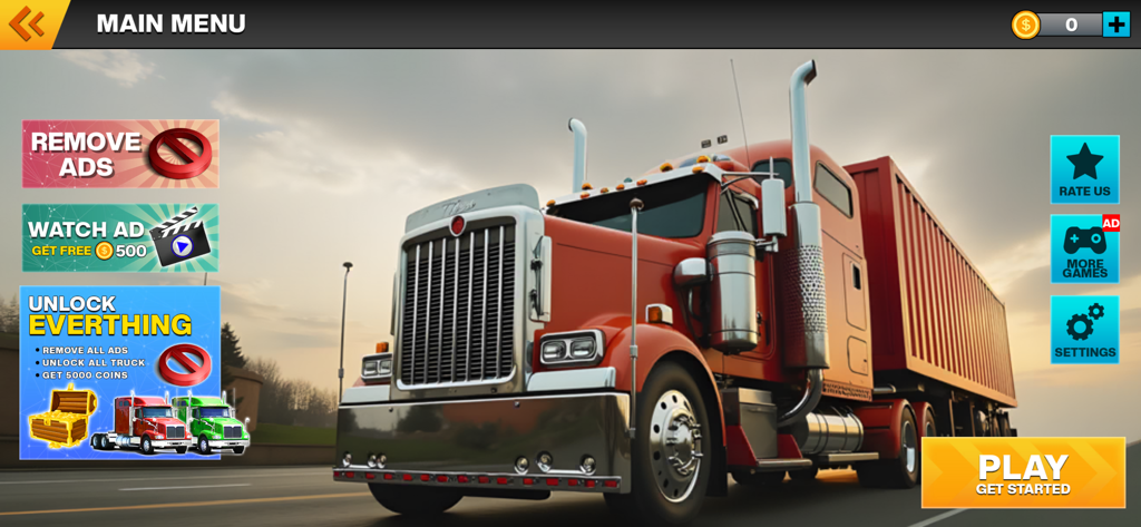 American Truck Driving Game 3d - Main menu screen of the American Truck Driving Game 3D featuring a red semi truck and cargo trailer.