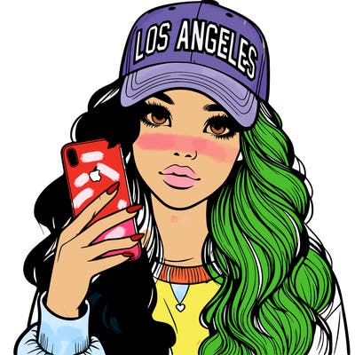 realistic beautiful girl wearing los ángeles cap holding an iphone