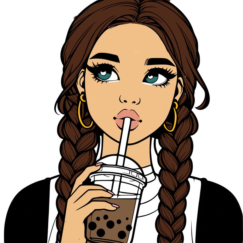 realistic girl with braided hair drinking boba