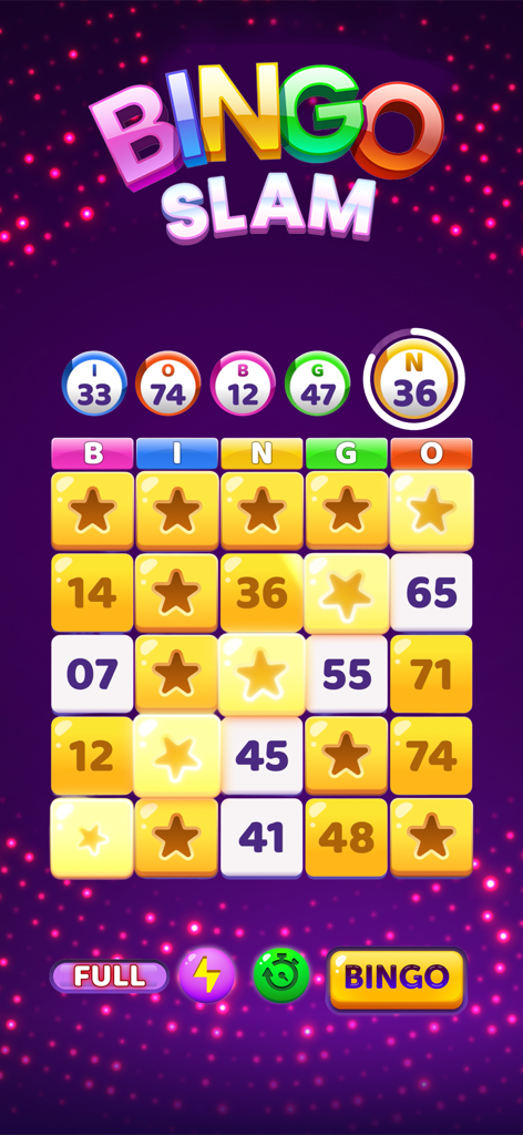 Bingo Slam gameplay screen with a bingo grid and called numbers