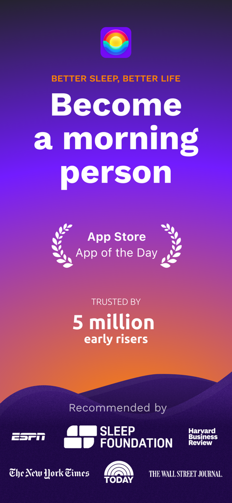 Promotional screen for RISE Sleep Tracker with the text Become a morning person and logos of major media outlets like The New York Times and ESPN.