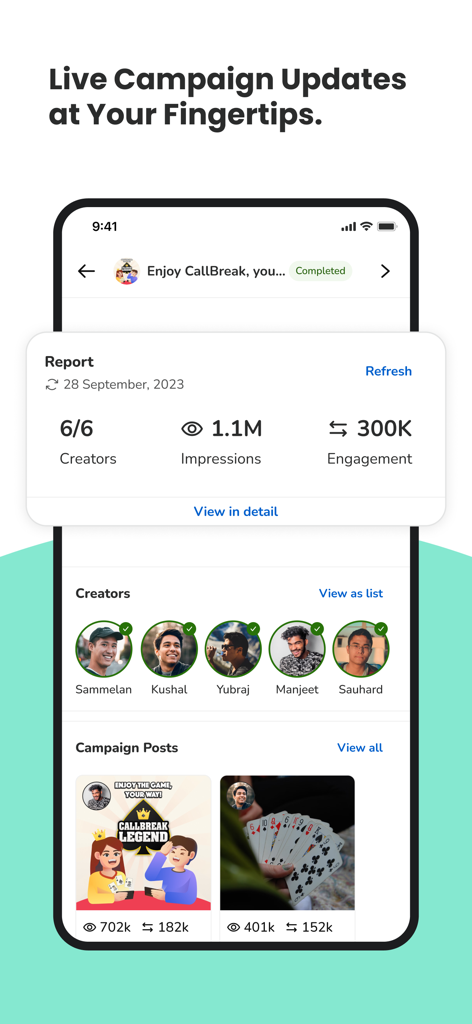 Dashboard of the Uptrendly app displaying live updates and engagement metrics for influencer marketing campaigns