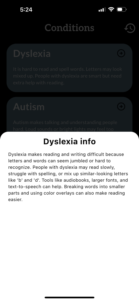 Ventana emergente de información sobre la dislexia en la pantalla de la aplicación Asistente de Lectura con IA ReadAble.