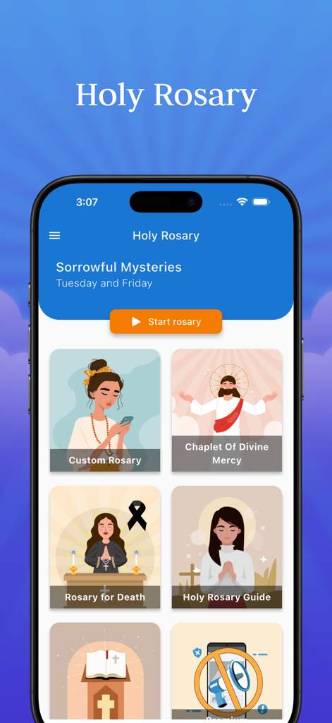 The Holy Rosary with voice - Main menu of the Holy Rosary app showing prayer options like Sorrowful Mysteries and Chaplet of Divine Mercy