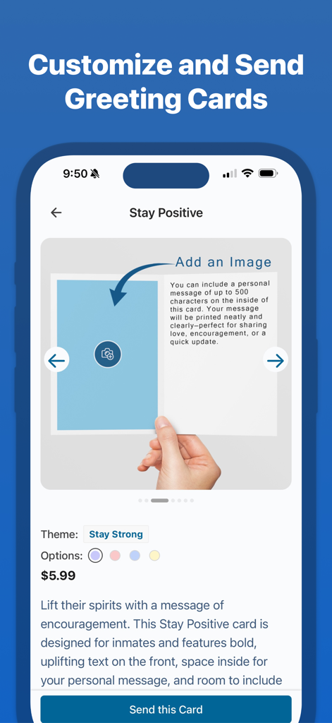A mobile app screen showing how to customize a greeting card with a photo and personal message to send to a prison inmate.