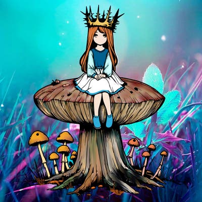 realistic girl sitting on a huge tree stump size toadstool with thorn crown