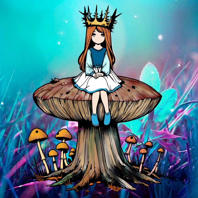 realistic girl sitting on a huge tree stump size toadstool with thorn crown