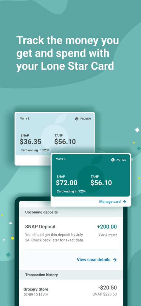 Interface of Your Texas Benefits app showing Lone Star Card balances for SNAP and TANF benefits and recent transactions