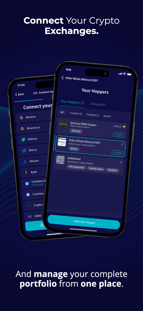 Cryptohopper - Crypto Trading - Interface of the Cryptohopper app showing how to connect crypto exchanges and manage trading portfolios