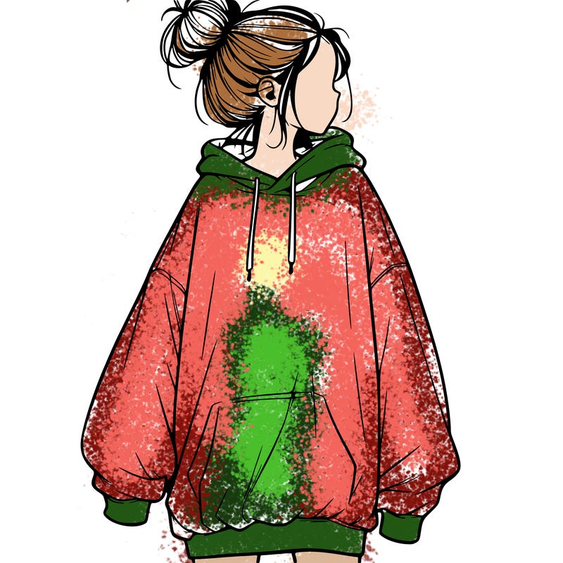 realistic girl with a oversized sweatshirt on and a bun