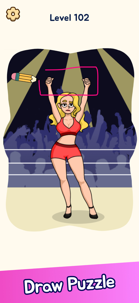 Draw Puzzle: Funny Brain Games - A player uses a pencil to draw a missing sign for a woman in a boxing ring in Draw Puzzle