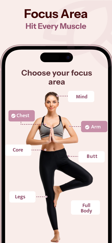 Yoga for Beginners - Workout - 코어, 가슴 또는 정신과 같은 운동 초점 영역을 선택하는 레이블과 함께 나무 자세를 취하는 여성을 보여주는 초보자를 위한 요가 앱의 스크린샷