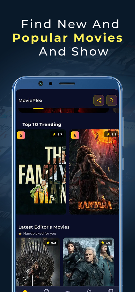 Movie Plex - Movies & TV Shows - Interface do aplicativo Movie Plex exibindo os principais programas em alta e as escolhas do editor com classificações