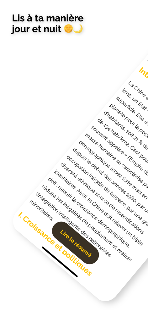 Yello-app - Screenshot of the Yello app showing a text lesson about China with an option to read a summary.