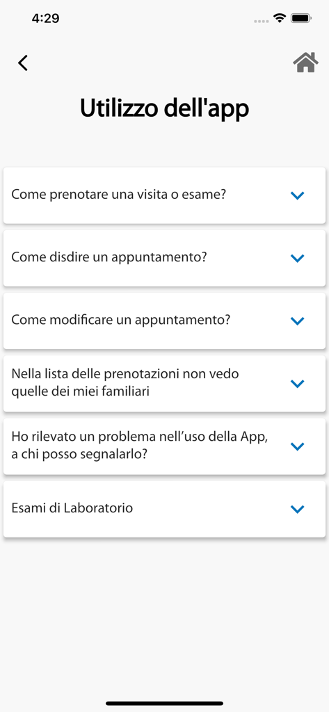 FAQ and help section of the CUP Piemonte medical booking app