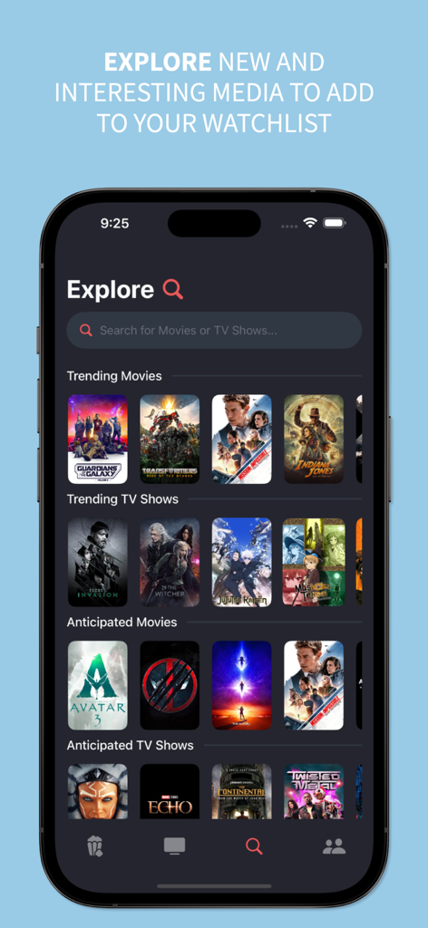 Explore screen of the Watchlist app showing trending and anticipated movies and TV shows