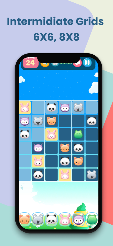 Intermediate 6x6 Sudoku puzzle grid featuring cute animal icons in the Kidoku app